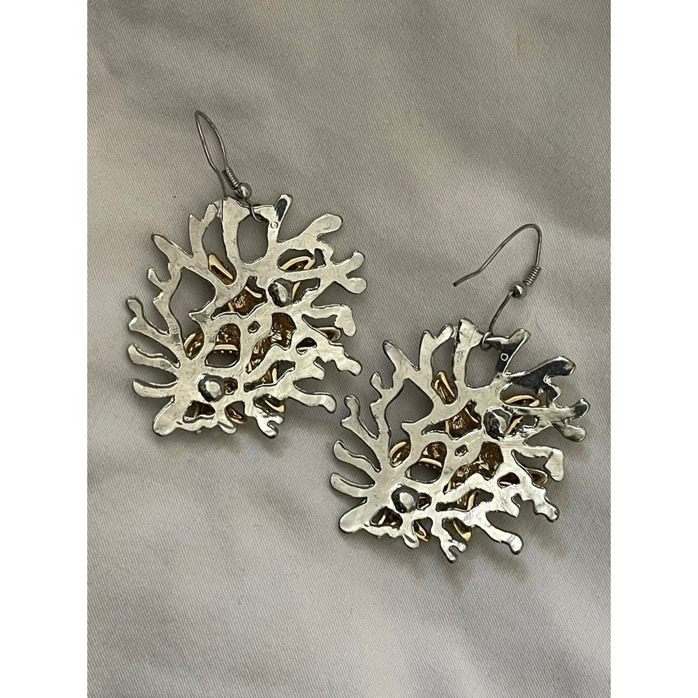 Vintage Silver Tone Coral Starfish Rhinestone Dangle Pierced Earrings - Picture 7 of 7